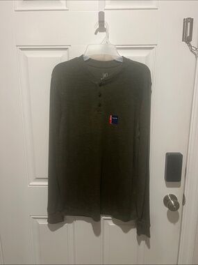 George Olive Green Long Sleeve Henley with Chest Patch